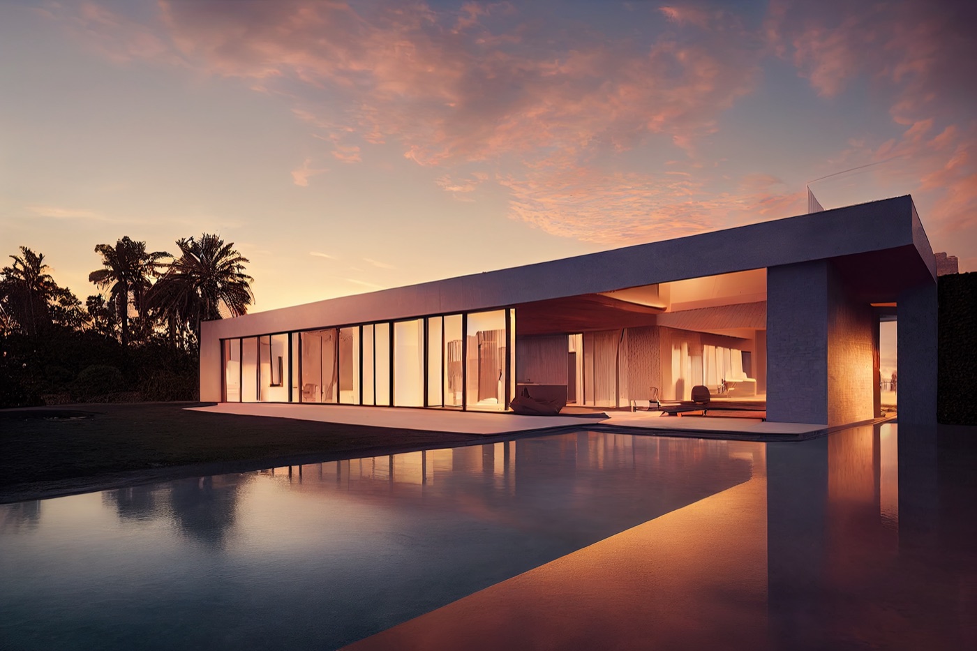 Modern luxury home at sunset